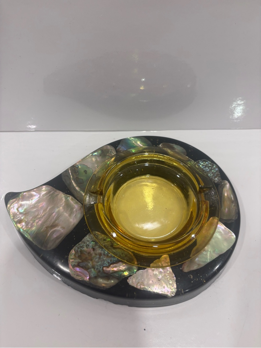 Vintage Victoria Sea Shell Products Abalone Ashtray MCM Canada Amber Glass